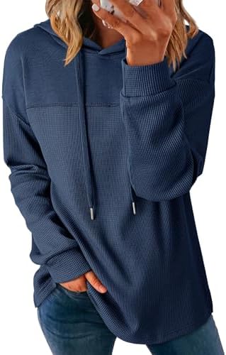 Womens Hoodies Casual Waffle Knit Long Sleeve Drawstring Pullover Sweatshirts Lightweight Hooded Tops