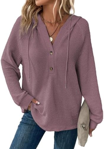 Hoodies for Women Waffle Knit Long Sleeve Drawstring Button V Neck Casual Pullover Sweatshirt Hooded Tops
