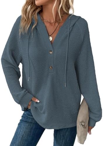 Hoodies for Women Waffle Knit Long Sleeve Drawstring Button V Neck Casual Pullover Sweatshirt Hooded Tops