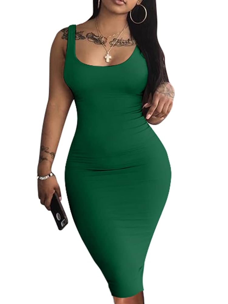 LAGSHIAN Women's Sexy Bodycon Tank Dress Sleeveless Basic Midi Club Dresses