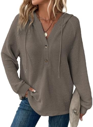 Hoodies for Women Waffle Knit Long Sleeve Drawstring Button V Neck Casual Pullover Sweatshirt Hooded Tops