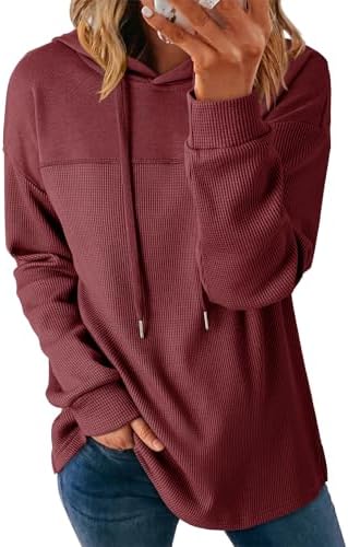 Womens Hoodies Casual Waffle Knit Long Sleeve Drawstring Pullover Sweatshirts Lightweight Hooded Tops