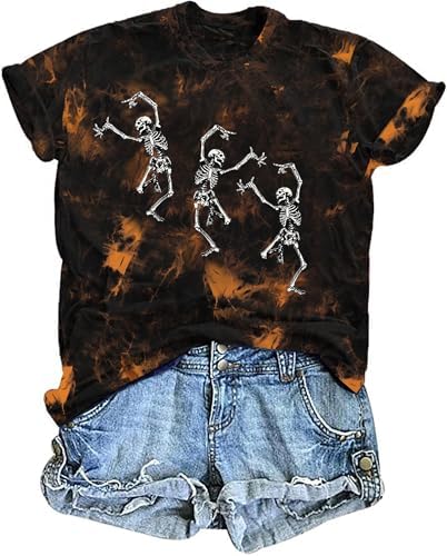 Dancing Skeleton Shirt for Women Happy Halloween T-Shirt Funny Skeleton Graphic Tees Tops Blouse Gift