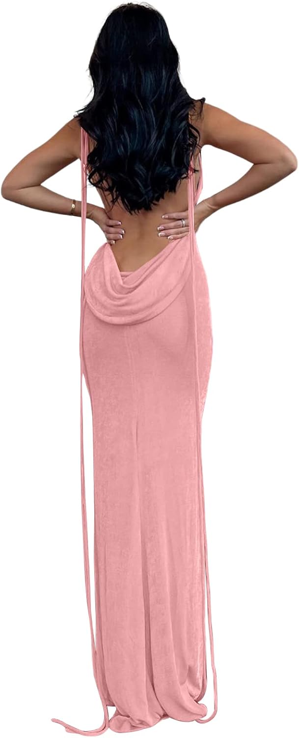 Slip Bodycon Dresses for Women Spaghetti Strap Lace Up Backless Cowl Neck Maxi Mermaid Cocktail Party Dress