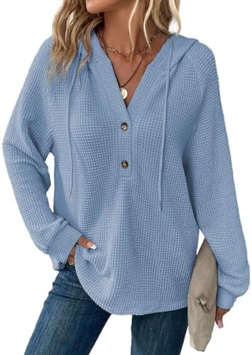 Hoodies for Women Waffle Knit Long Sleeve Drawstring Button V Neck Casual Pullover Sweatshirt Hooded Tops