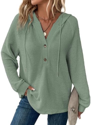 Hoodies for Women Waffle Knit Long Sleeve Drawstring Button V Neck Casual Pullover Sweatshirt Hooded Tops