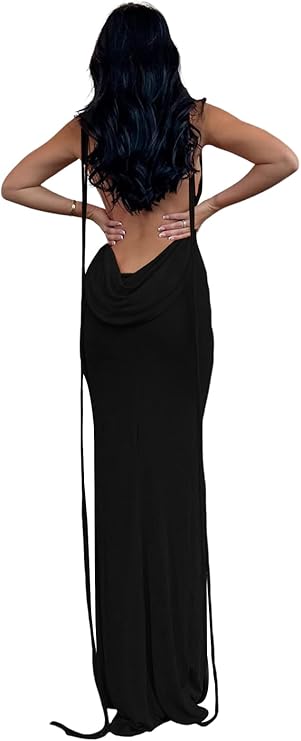 Slip Bodycon Dresses for Women Spaghetti Strap Lace Up Backless Cowl Neck Maxi Mermaid Cocktail Party Dress