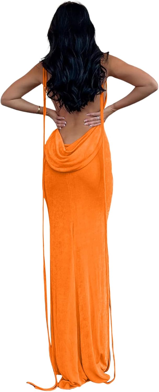 Slip Bodycon Dresses for Women Spaghetti Strap Lace Up Backless Cowl Neck Maxi Mermaid Cocktail Party Dress