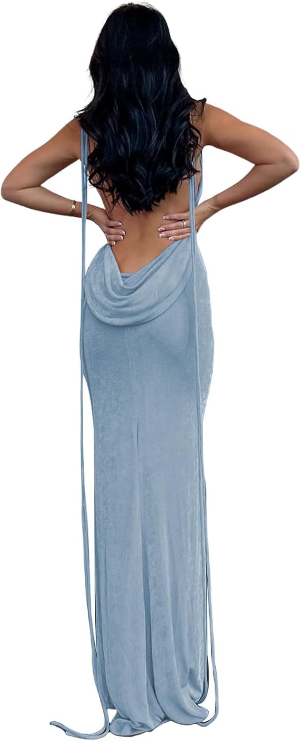 Slip Bodycon Dresses for Women Spaghetti Strap Lace Up Backless Cowl Neck Maxi Mermaid Cocktail Party Dress