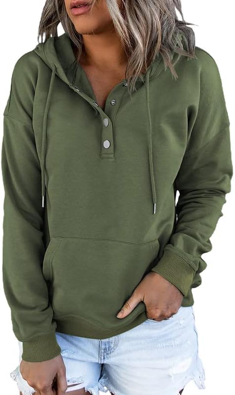 Womens 2025 Hoodies Button Collar Drawstring Hooded Pullover Sweatshirt Casual Long Sleeve Tops Shirts