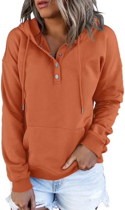 Womens 2025 Hoodies Button Collar Drawstring Hooded Pullover Sweatshirt Casual Long Sleeve Tops Shirts