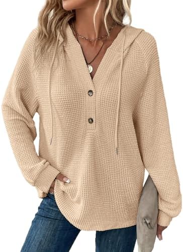 Hoodies for Women Waffle Knit Long Sleeve Drawstring Button V Neck Casual Pullover Sweatshirt Hooded Tops