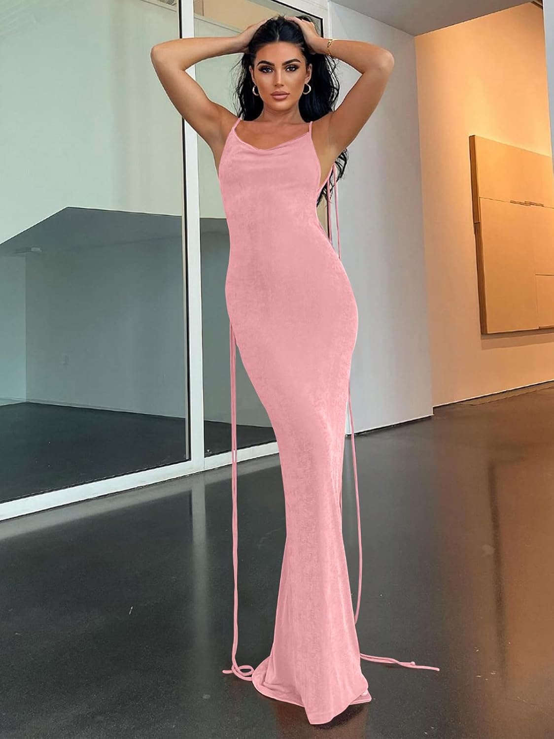 Slip Bodycon Dresses for Women Spaghetti Strap Lace Up Backless Cowl Neck Maxi Mermaid Cocktail Party Dress