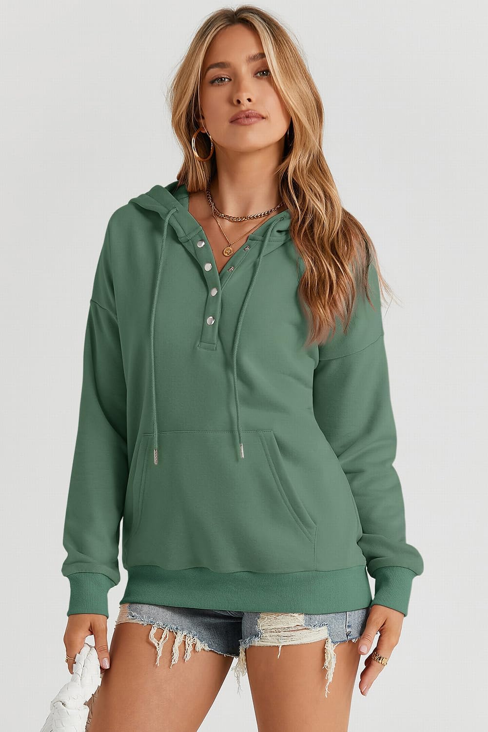 Womens 2025 Hoodies Button Collar Drawstring Hooded Pullover Sweatshirt Casual Long Sleeve Tops Shirts