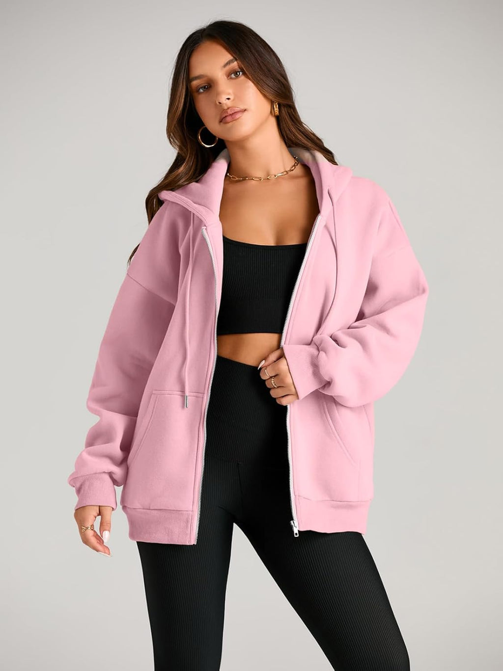 Women's Drawstring Zip Up Cute Hoodies Fall Jacket Oversized Casual Sweatshirts with Pocket