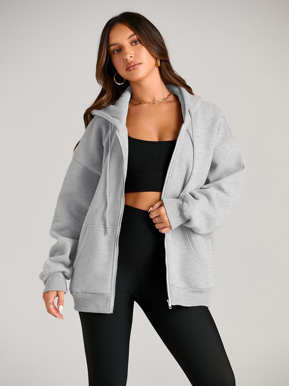 Women's Drawstring Zip Up Cute Hoodies Fall Jacket Oversized Casual Sweatshirts with Pocket