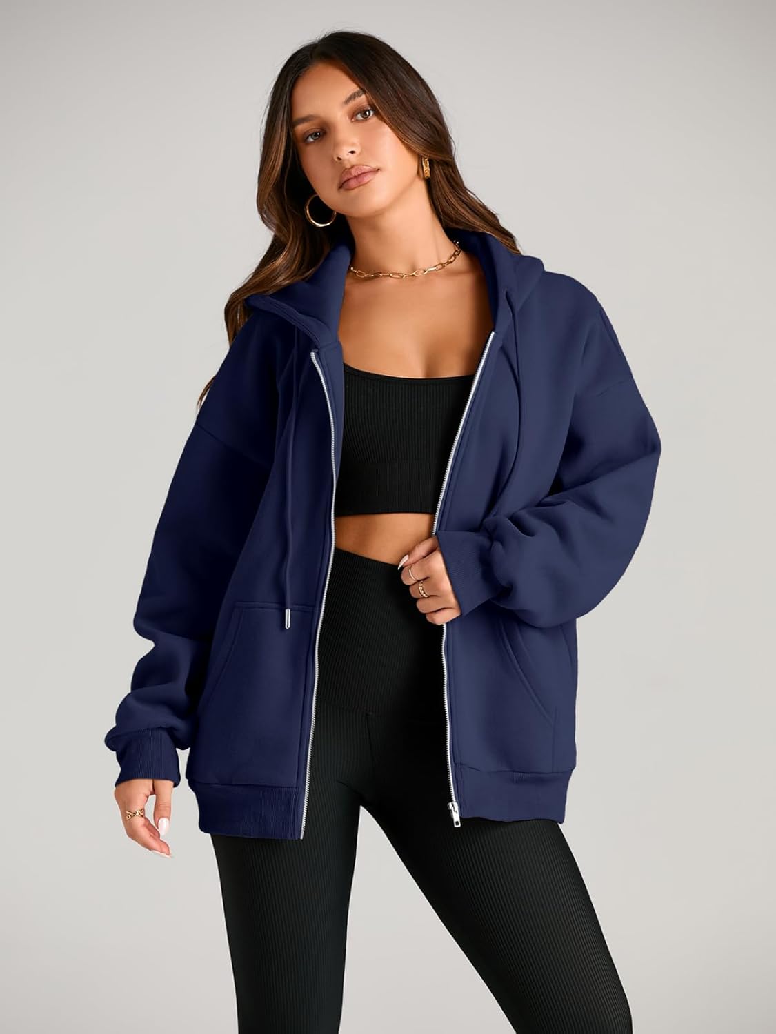 Women's Drawstring Zip Up Cute Hoodies Fall Jacket Oversized Casual Sweatshirts with Pocket