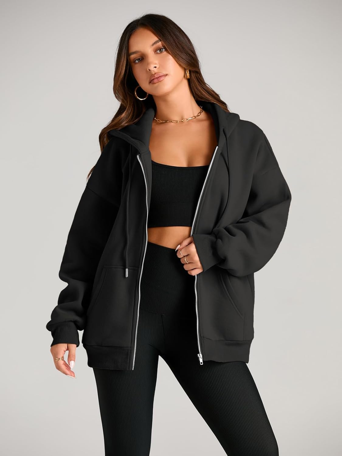Women's Drawstring Zip Up Cute Hoodies Fall Jacket Oversized Casual Sweatshirts with Pocket
