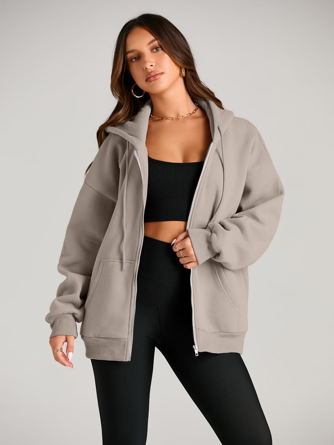 Women's Drawstring Zip Up Cute Hoodies Fall Jacket Oversized Casual Sweatshirts with Pocket