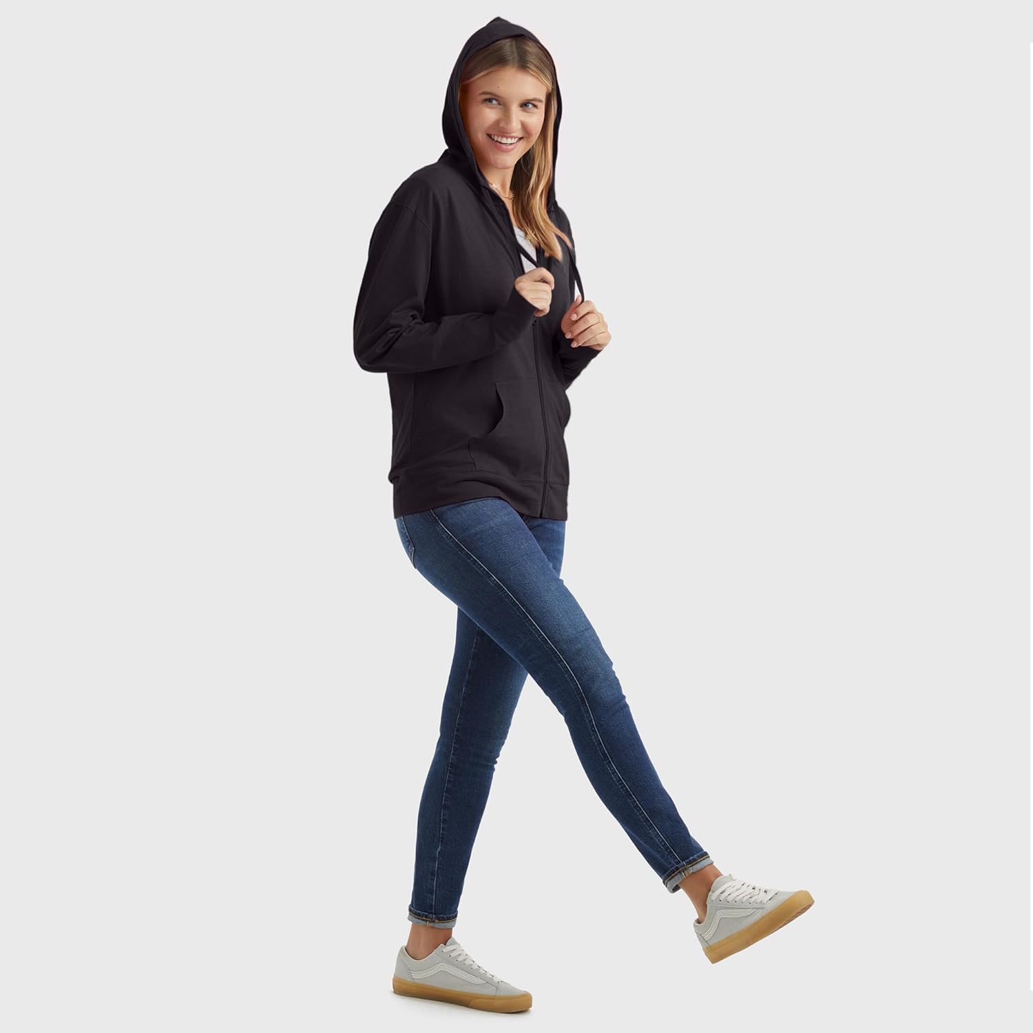 Women’s Slub Knit Full-Zip Hoodie, Textured Cotton Zip-Up T-Shirt Hoodie for Women