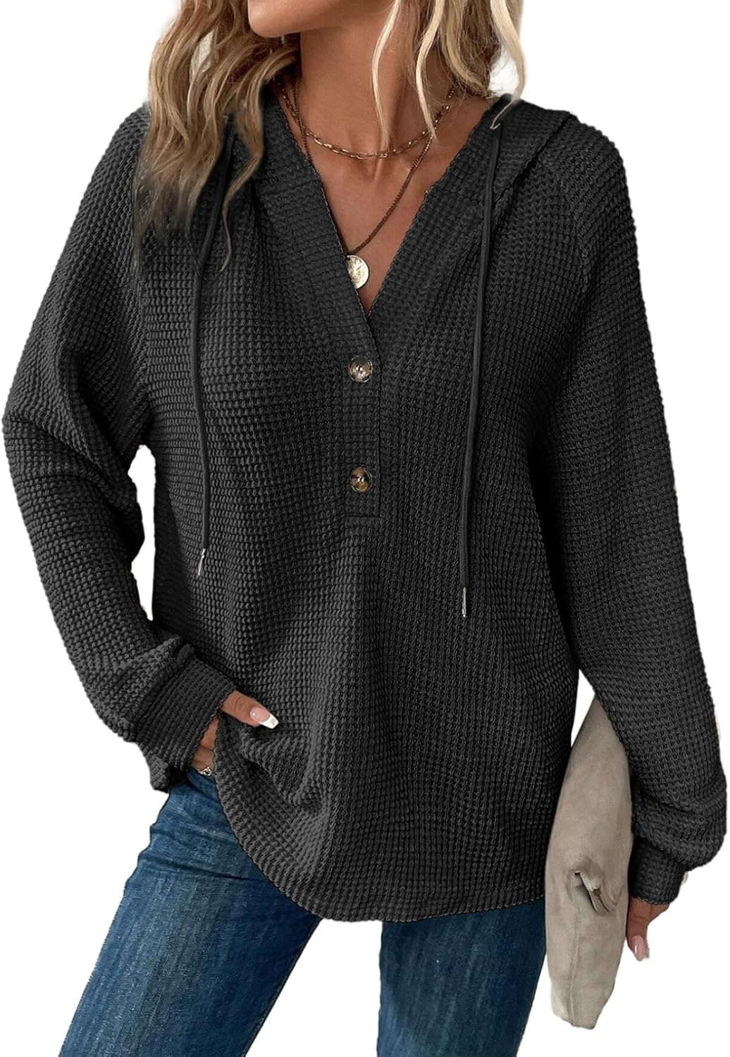 Hoodies for Women Waffle Knit Long Sleeve Drawstring Button V Neck Casual Pullover Sweatshirt Hooded Tops