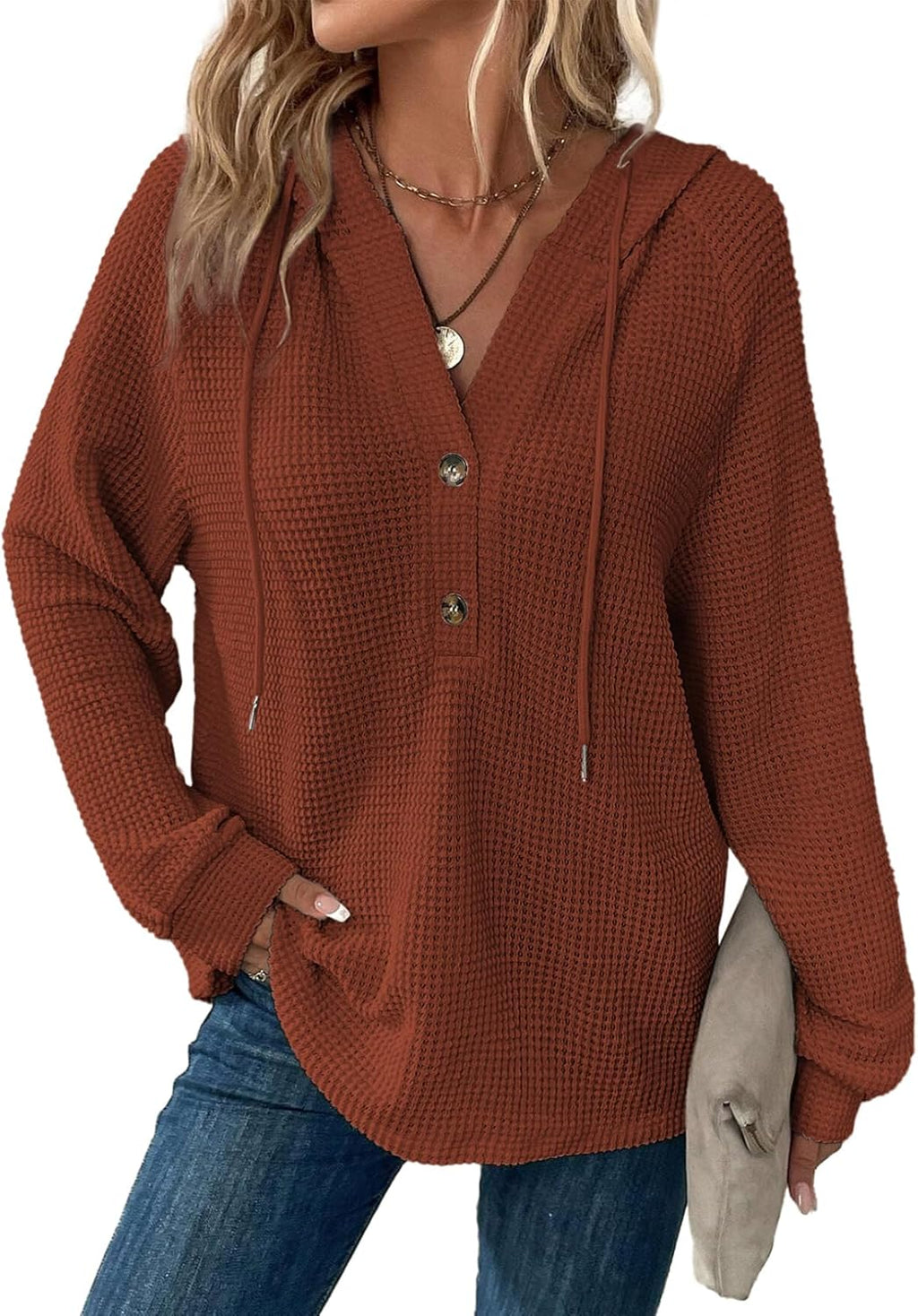Hoodies for Women Waffle Knit Long Sleeve Drawstring Button V Neck Casual Pullover Sweatshirt Hooded Tops
