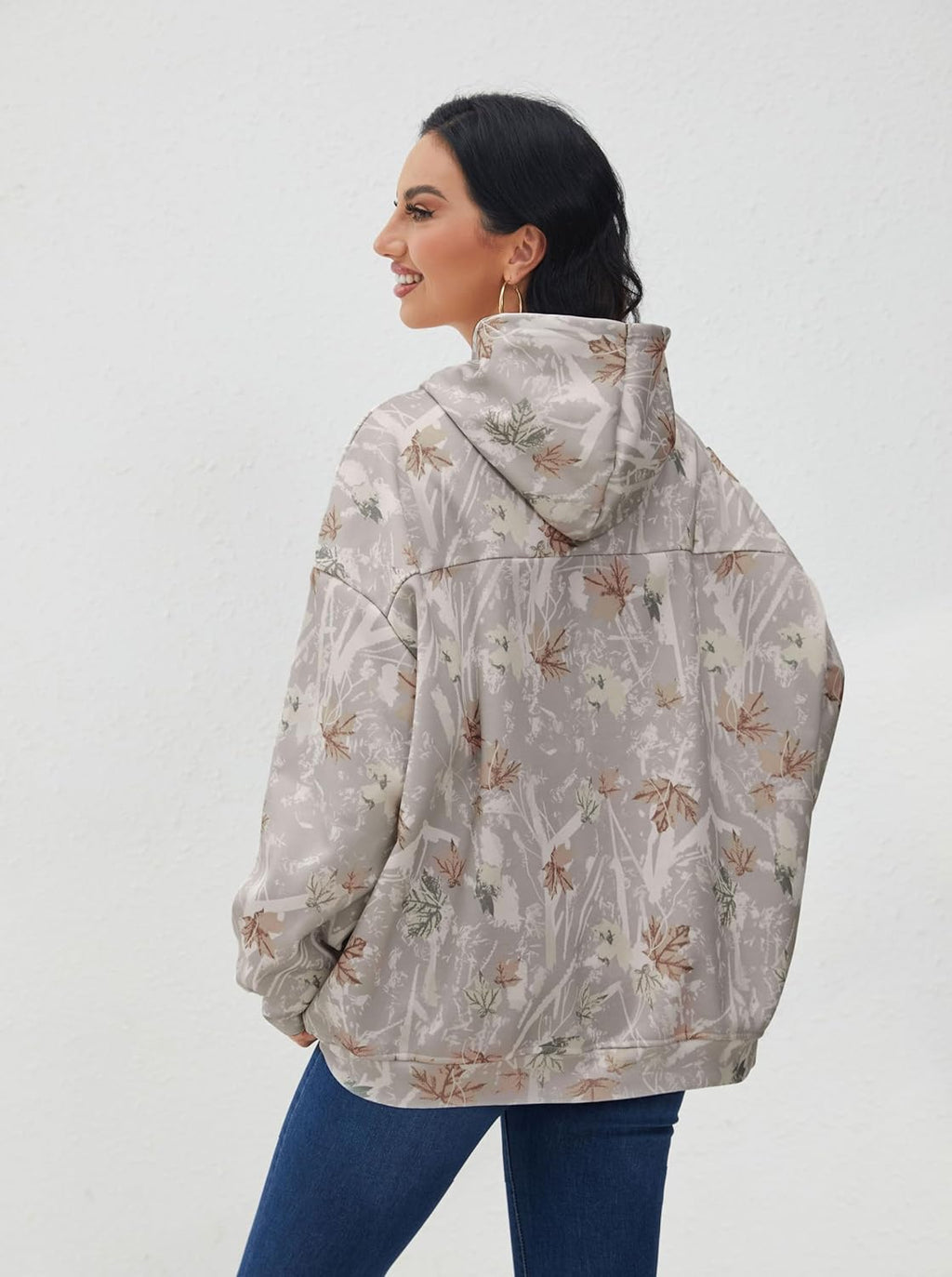 Womens Camo Hoodies Maple Leaf Print Oversized Hooded Sweatshirt Fleece Pullover Sweatshirts Long Sleeve with Pocket