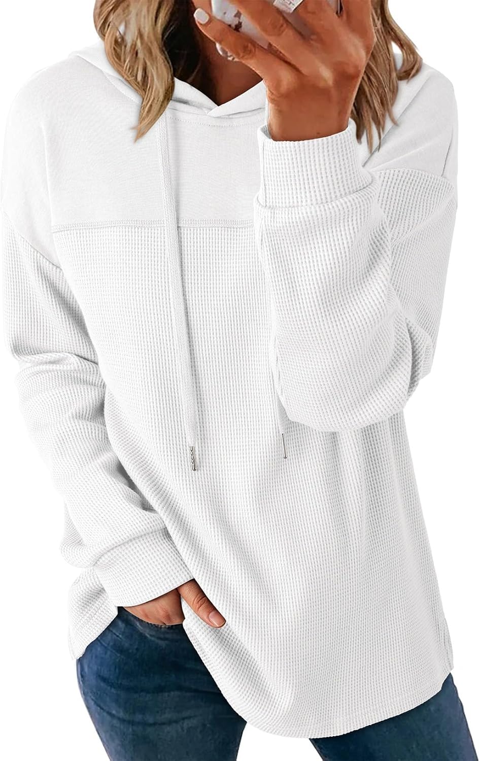 Womens Hoodies Casual Waffle Knit Long Sleeve Drawstring Pullover Sweatshirts Lightweight Hooded Tops
