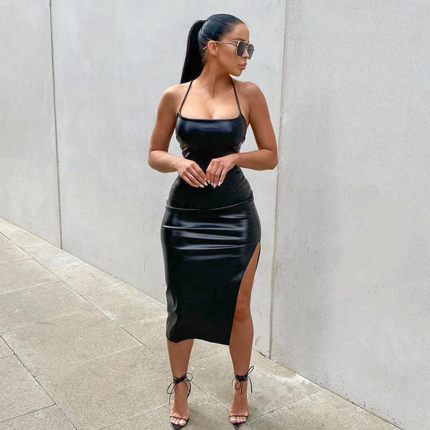 Women Faux Leather Dress Sleeveless Backless Bandage Bodycon Split Midi Dresses Party Cocktail