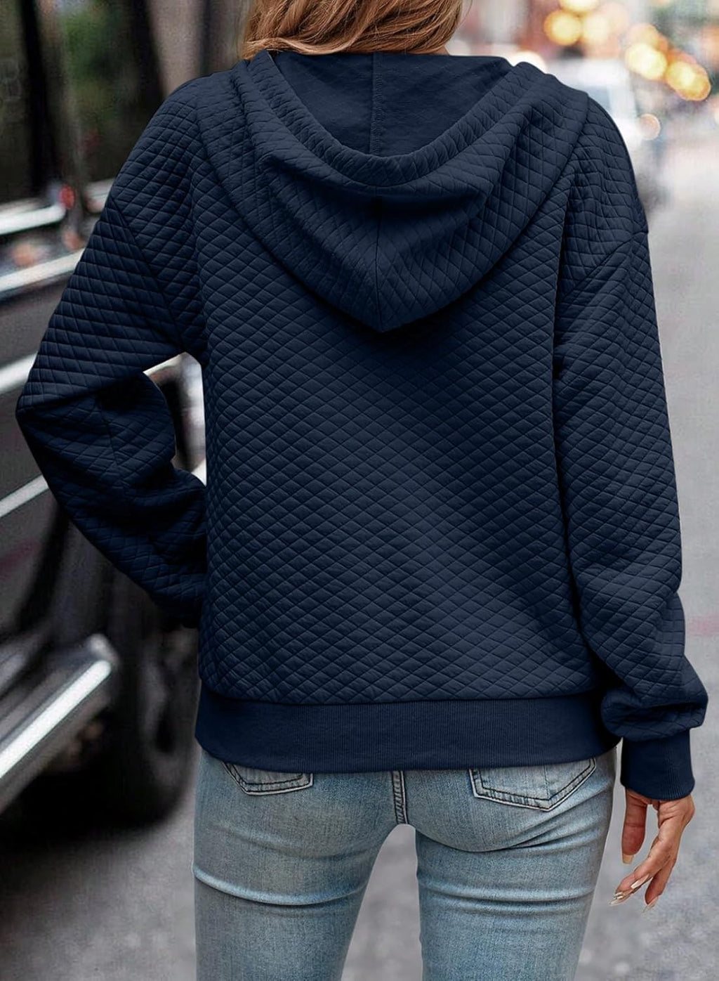 Women's Hoodies Casual Long Sleeve Quilted Half Button Drop Shoulder Pullover Tops Loose Drawstring Hooded Sweatshirt