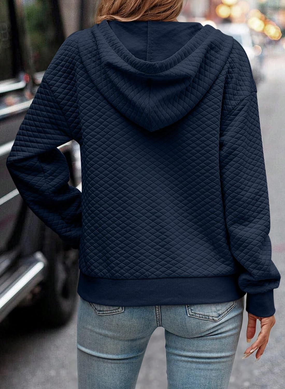 Women's Hoodies Casual Long Sleeve Quilted Half Button Drop Shoulder Pullover Tops Loose Drawstring Hooded Sweatshirt