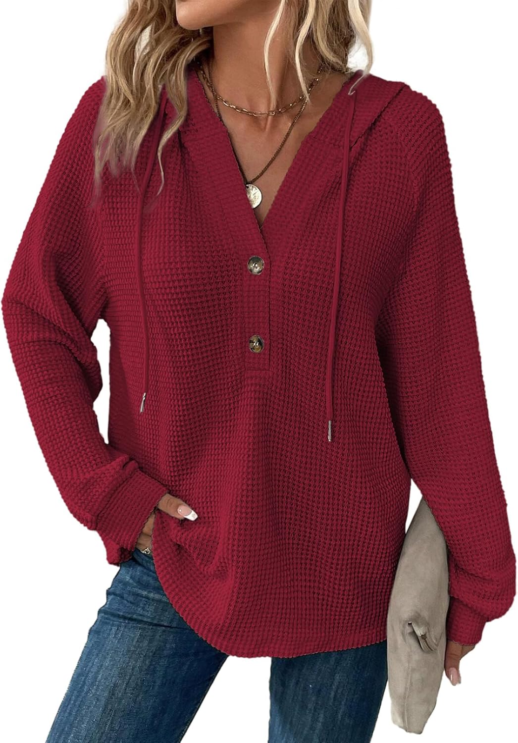 Hoodies for Women Waffle Knit Long Sleeve Drawstring Button V Neck Casual Pullover Sweatshirt Hooded Tops