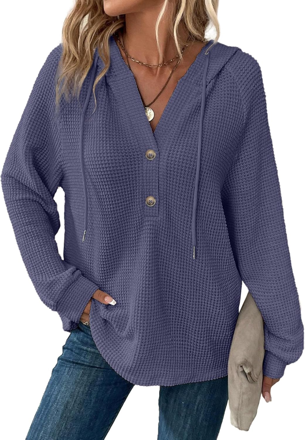 Hoodies for Women Waffle Knit Long Sleeve Drawstring Button V Neck Casual Pullover Sweatshirt Hooded Tops