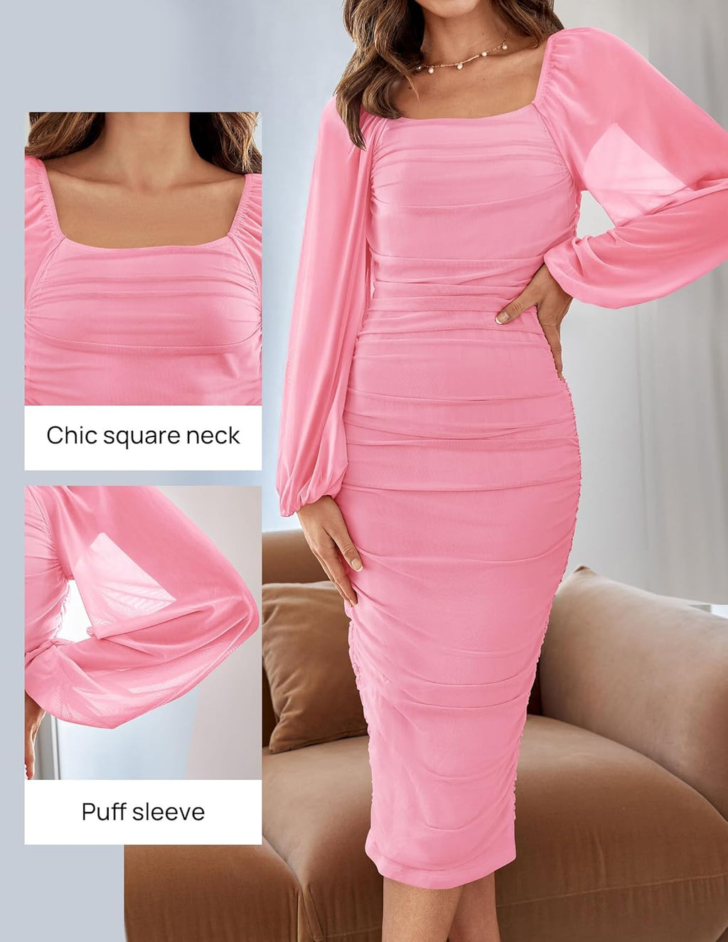 Women's Sexy Ruched Bodycon Midi Dress Long Puff Sleeve Square Neck Backless Cocktail Party Wedding Dresses