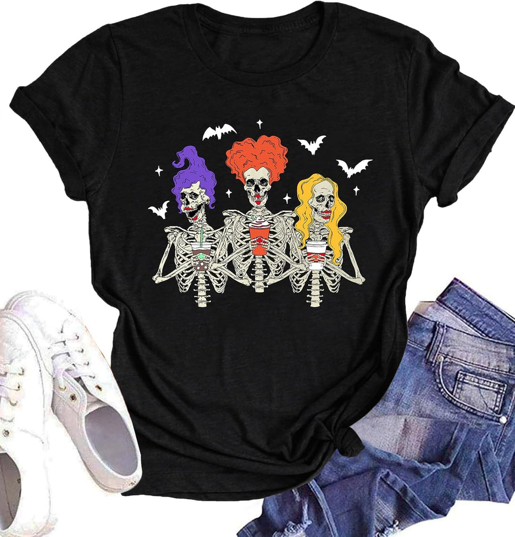 Dancing Skeleton Shirt for Women Happy Halloween T-Shirt Funny Skeleton Graphic Tees Tops Blouse Gift