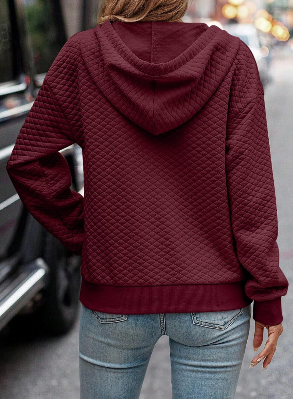 Women's Hoodies Casual Long Sleeve Quilted Half Button Drop Shoulder Pullover Tops Loose Drawstring Hooded Sweatshirt