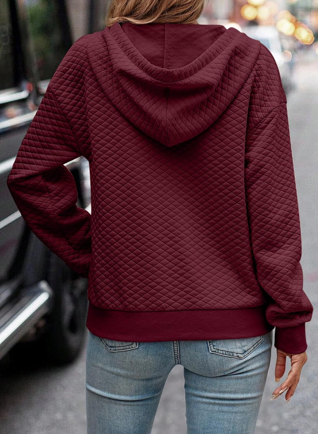 Women's Hoodies Casual Long Sleeve Quilted Half Button Drop Shoulder Pullover Tops Loose Drawstring Hooded Sweatshirt