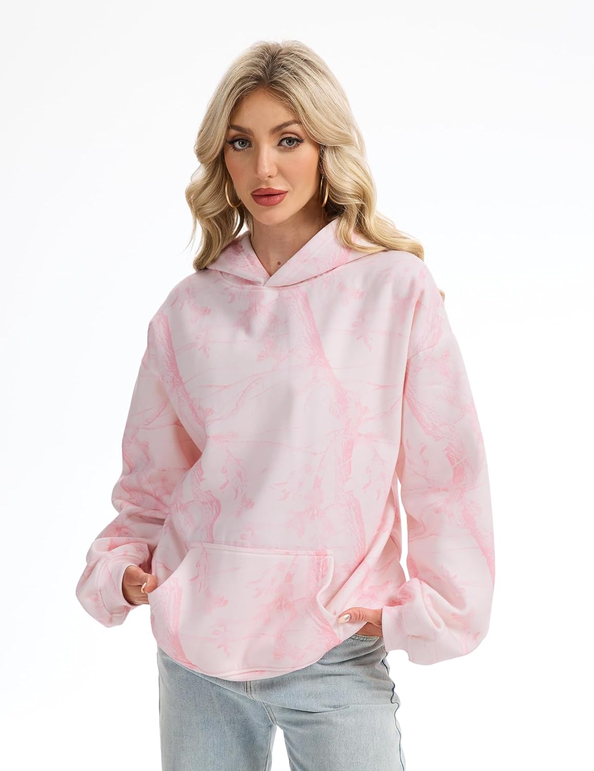 Womens Camo Hoodies Maple Leaf Print Oversized Hooded Sweatshirt Fleece Pullover Sweatshirts Long Sleeve with Pocket