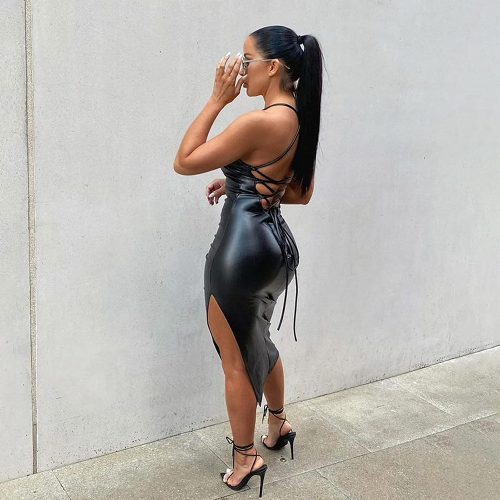 Women Faux Leather Dress Sleeveless Backless Bandage Bodycon Split Midi Dresses Party Cocktail