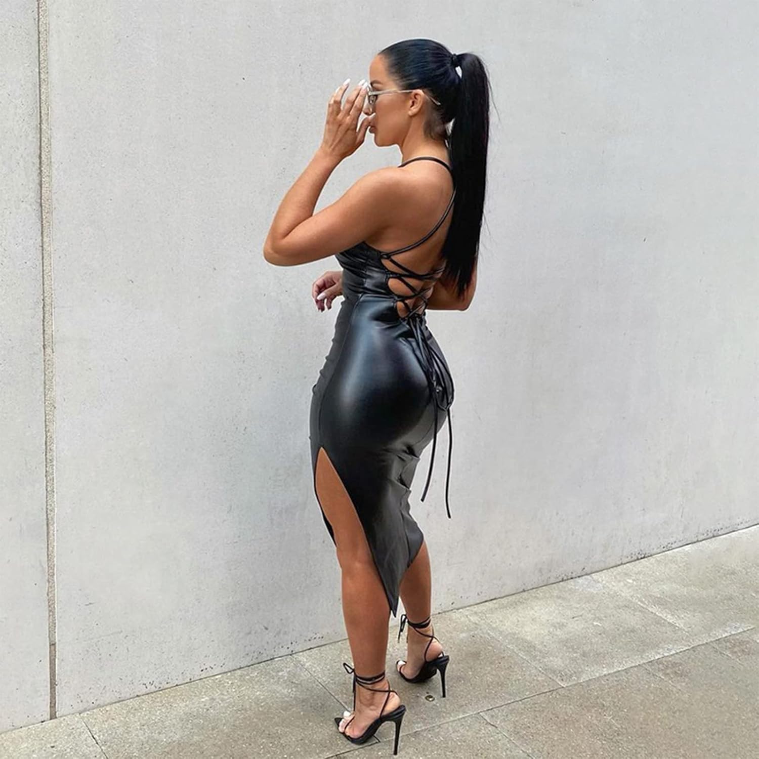 Women Faux Leather Dress Sleeveless Backless Bandage Bodycon Split Midi Dresses Party Cocktail