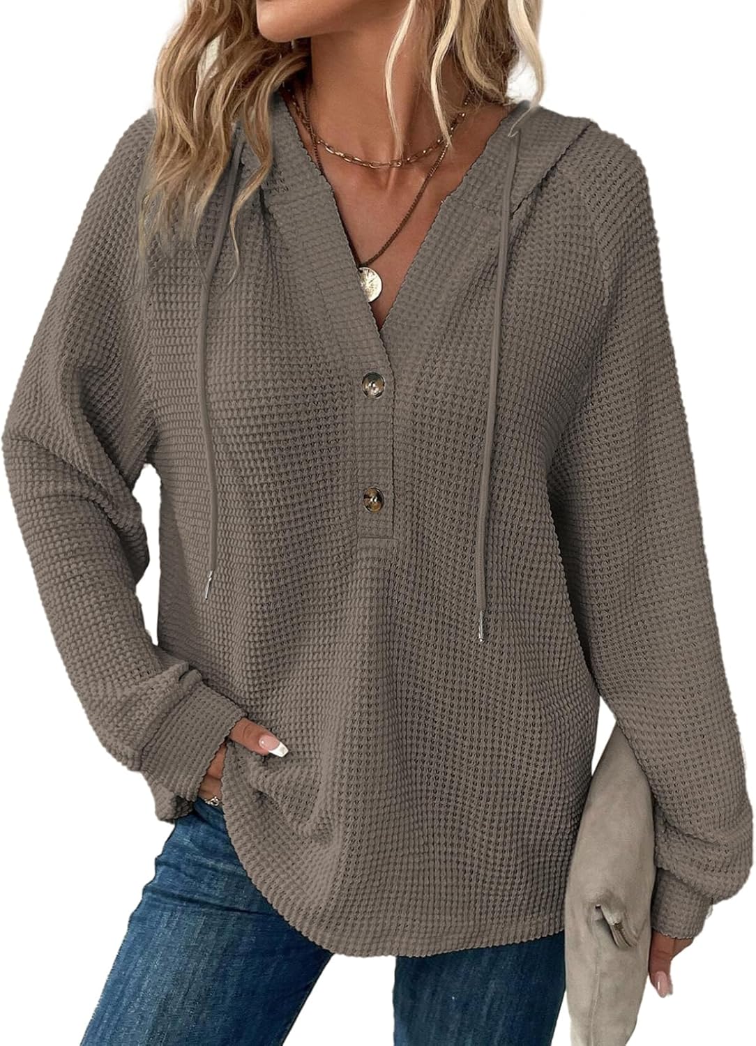 Hoodies for Women Waffle Knit Long Sleeve Drawstring Button V Neck Casual Pullover Sweatshirt Hooded Tops