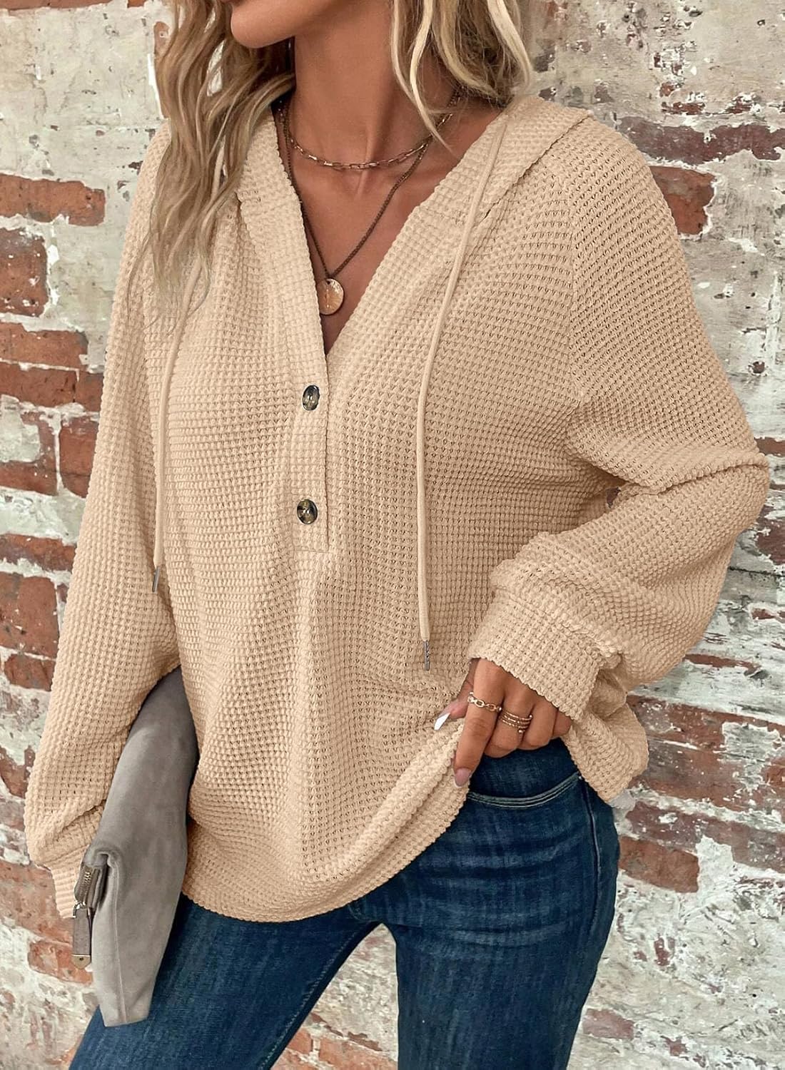 Hoodies for Women Waffle Knit Long Sleeve Drawstring Button V Neck Casual Pullover Sweatshirt Hooded Tops