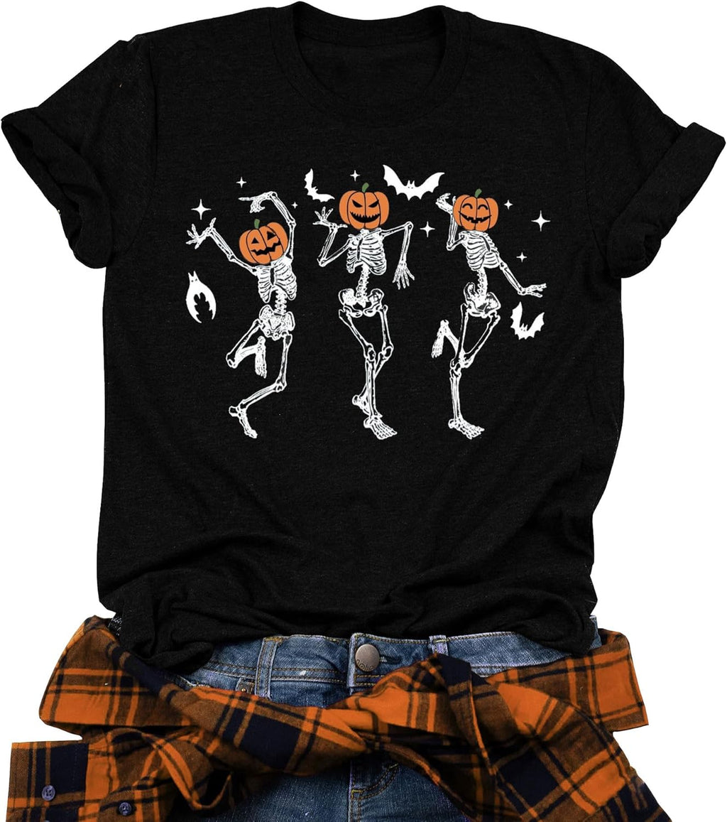Dancing Skeleton Shirt for Women Happy Halloween T-Shirt Funny Skeleton Graphic Tees Tops Blouse Gift