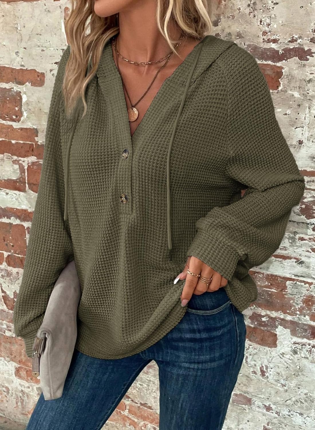 Hoodies for Women Waffle Knit Long Sleeve Drawstring Button V Neck Casual Pullover Sweatshirt Hooded Tops