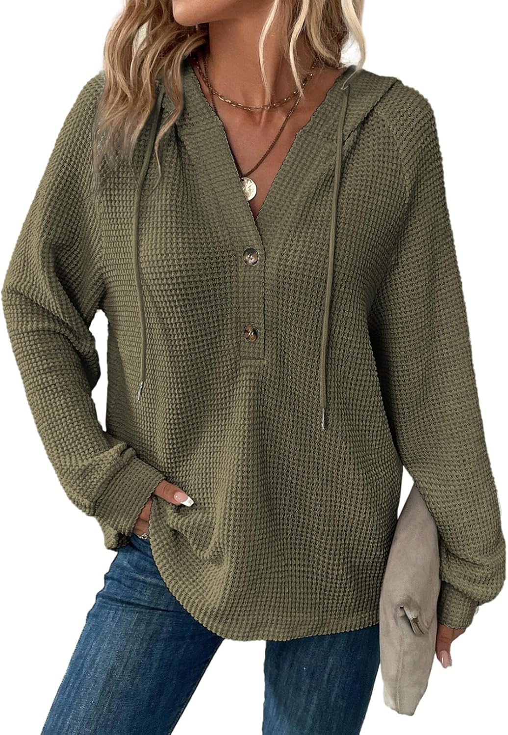Hoodies for Women Waffle Knit Long Sleeve Drawstring Button V Neck Casual Pullover Sweatshirt Hooded Tops