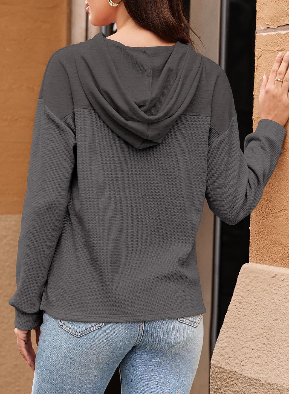 Womens Hoodies Casual Waffle Knit Long Sleeve Drawstring Pullover Sweatshirts Lightweight Hooded Tops