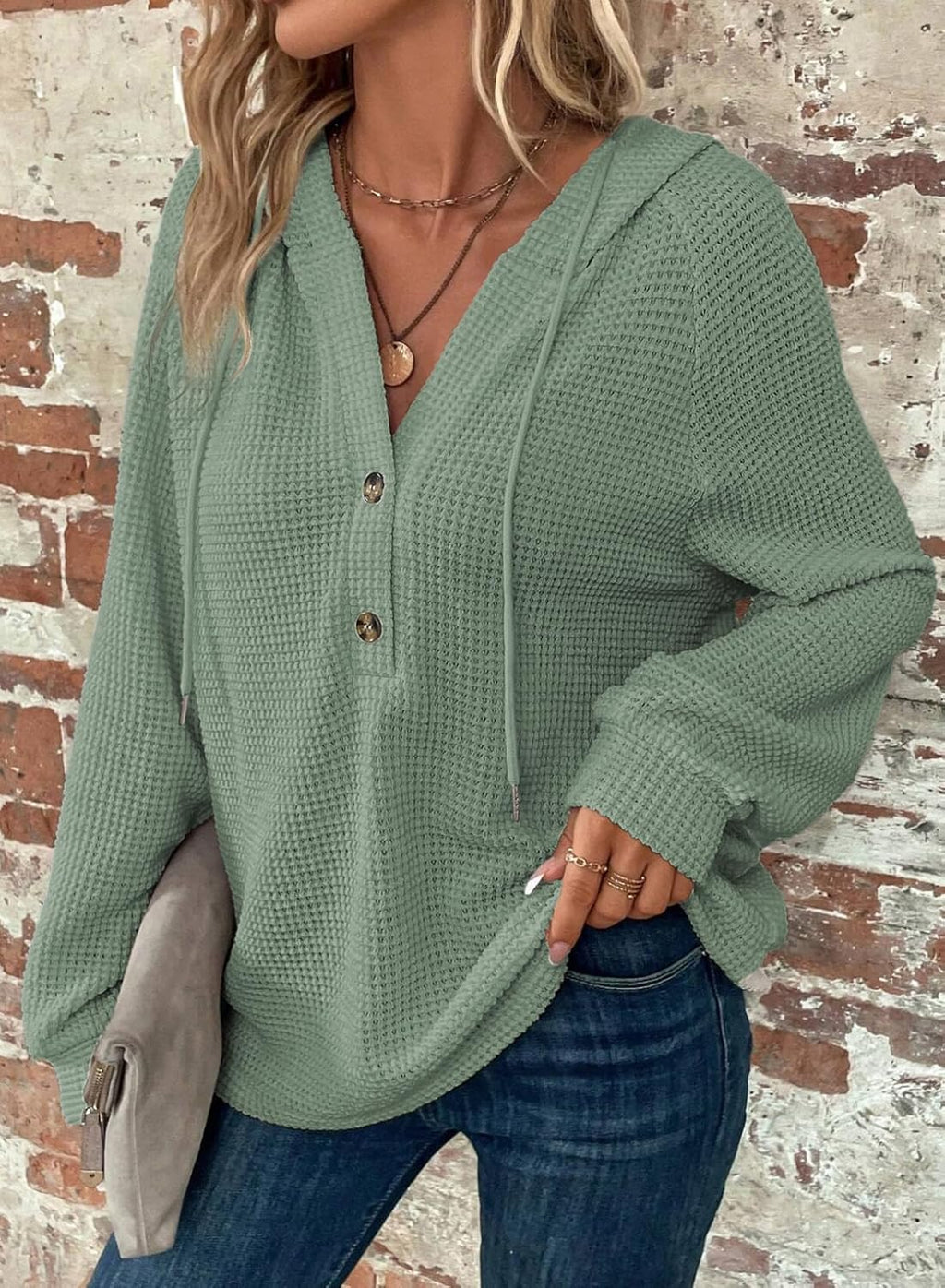 Hoodies for Women Waffle Knit Long Sleeve Drawstring Button V Neck Casual Pullover Sweatshirt Hooded Tops