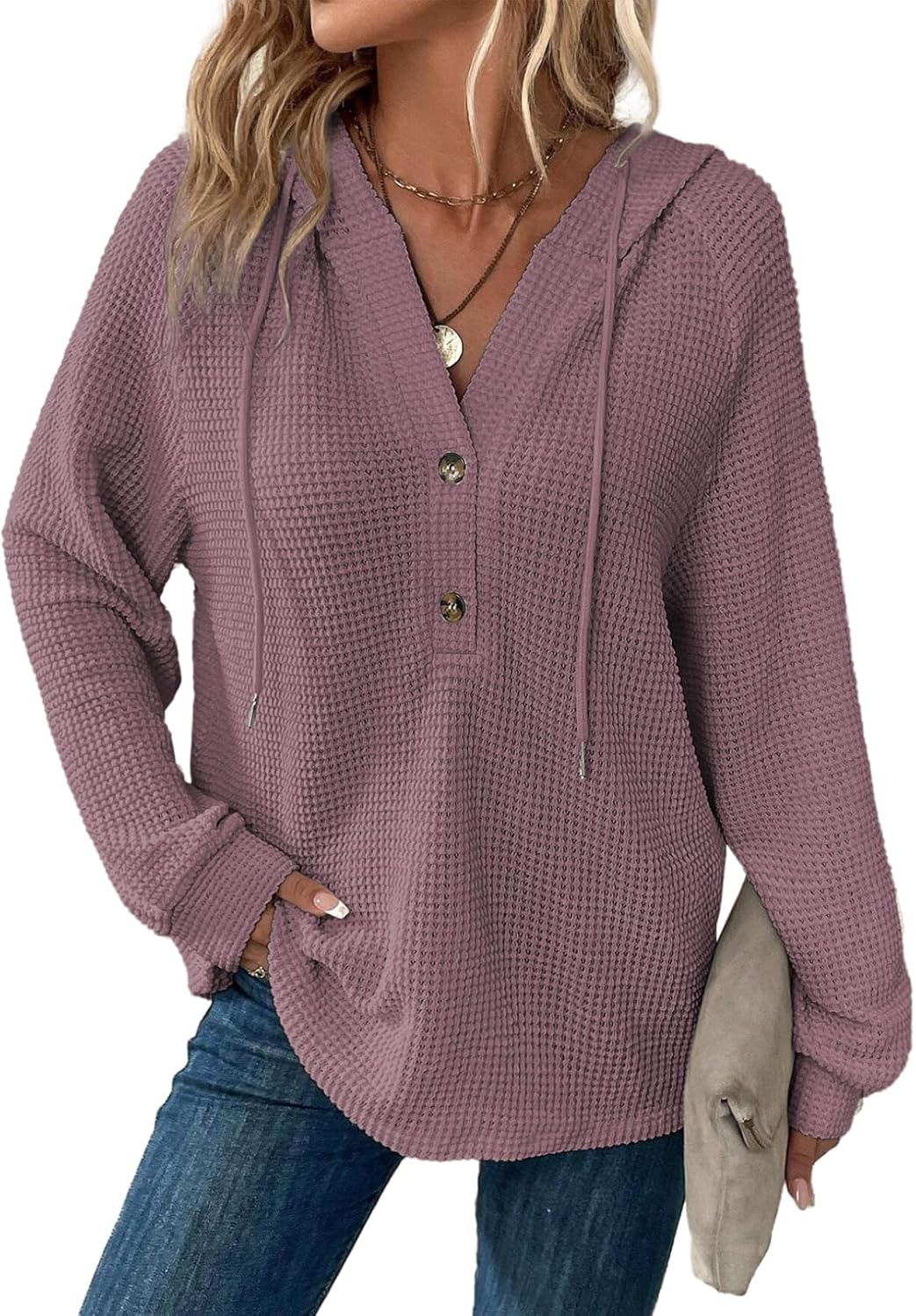 Hoodies for Women Waffle Knit Long Sleeve Drawstring Button V Neck Casual Pullover Sweatshirt Hooded Tops