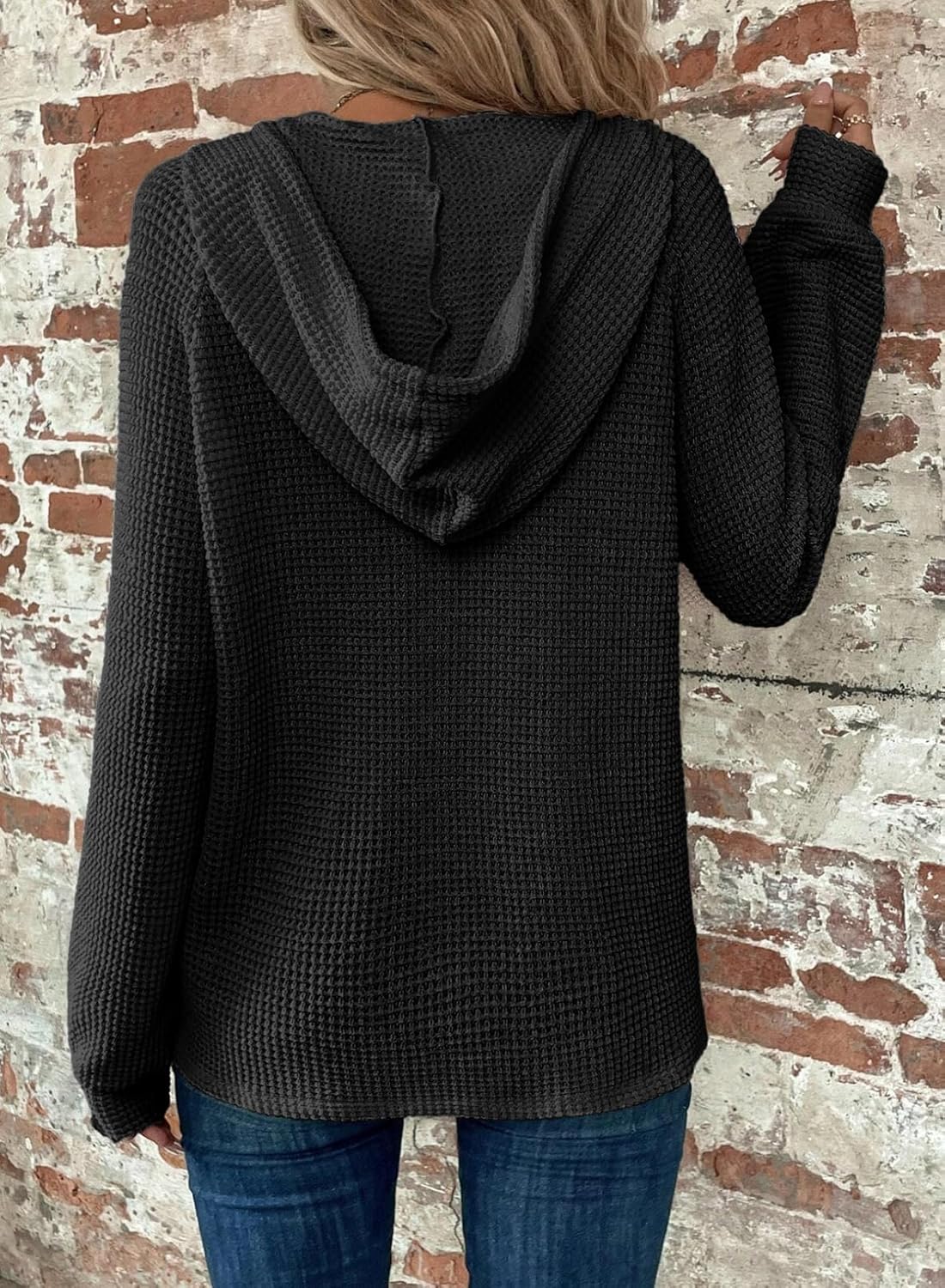 Hoodies for Women Waffle Knit Long Sleeve Drawstring Button V Neck Casual Pullover Sweatshirt Hooded Tops