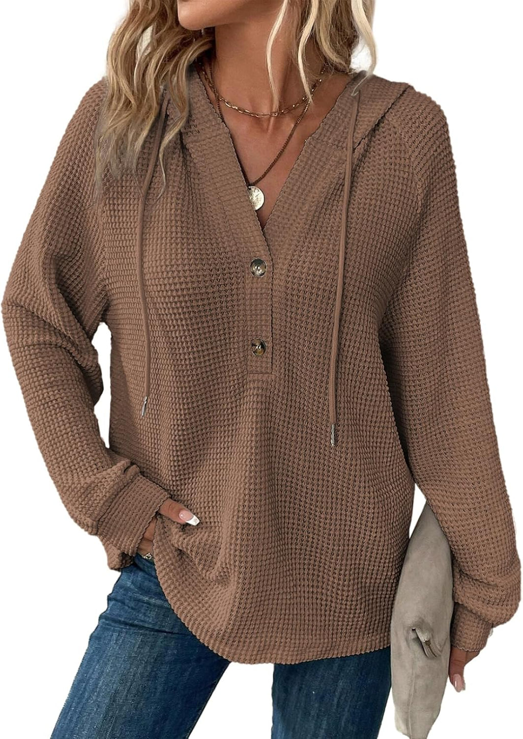 Hoodies for Women Waffle Knit Long Sleeve Drawstring Button V Neck Casual Pullover Sweatshirt Hooded Tops